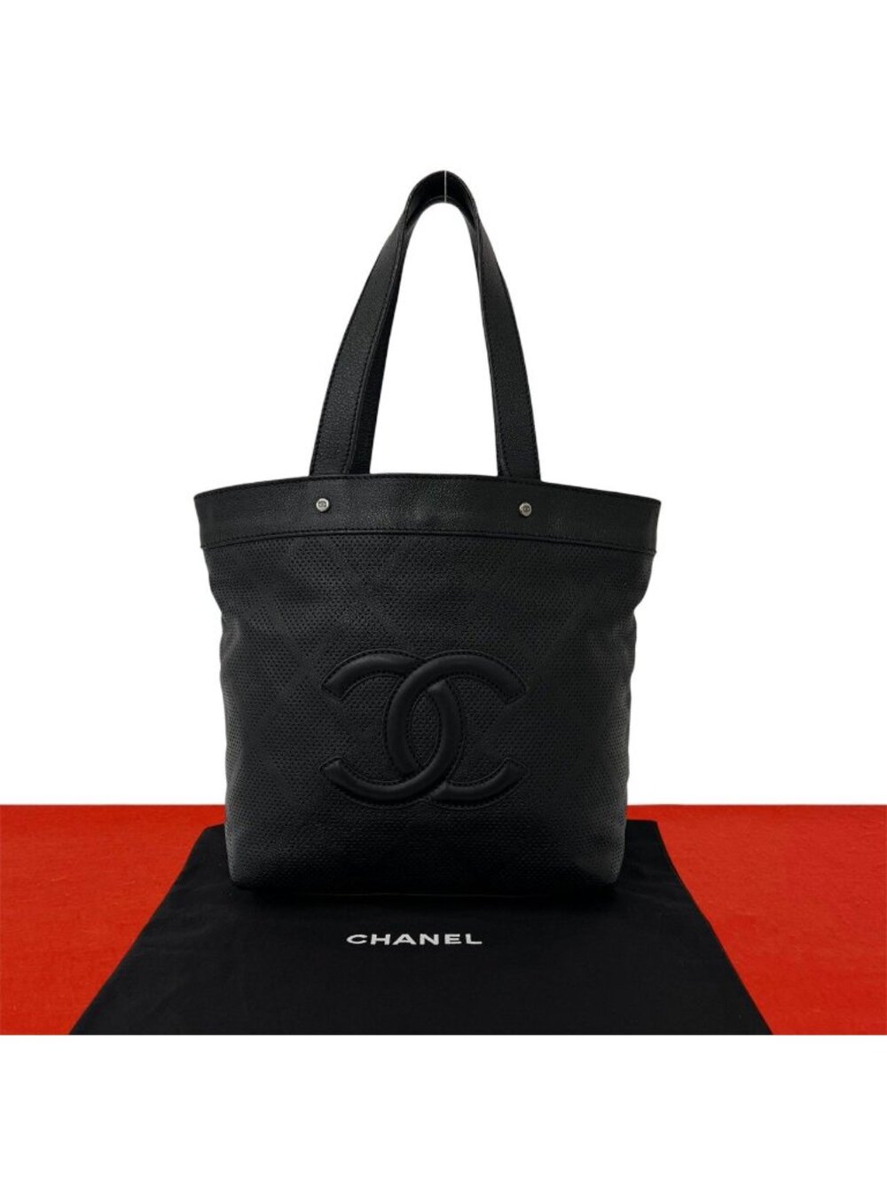 Chanel Perforated CC Logo Leather Tote Shoulder Bag Black